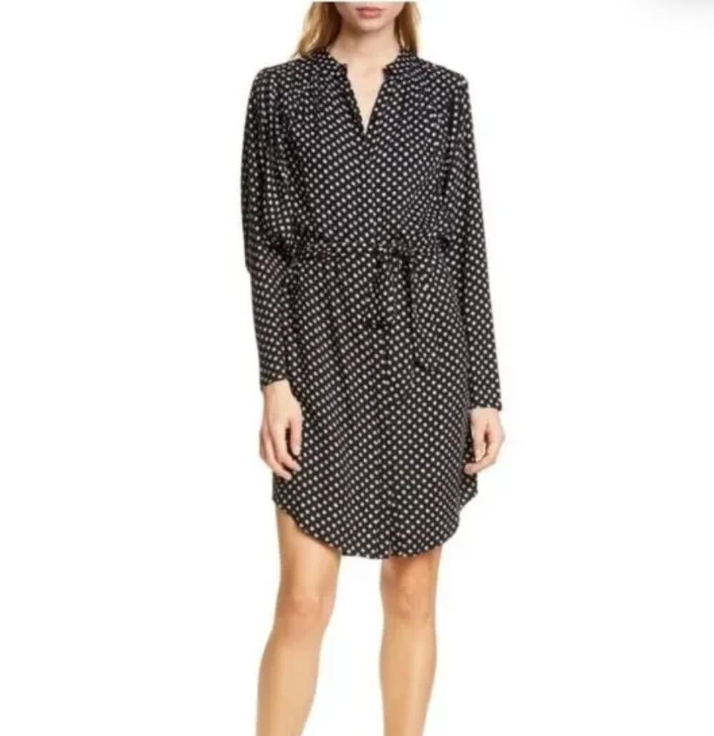 Joie Myune Tie Waist Shirtdress Dolman Button Sleeve Black Geometric Size Medium
